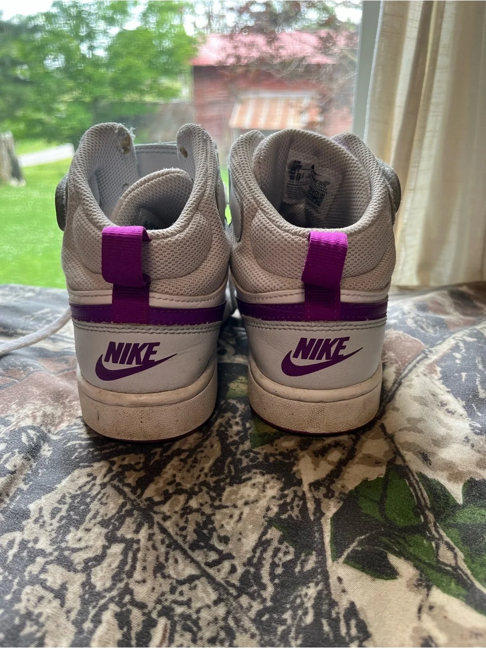 Nike White and Purple Mid-Top Sneakers with Velcro Strap